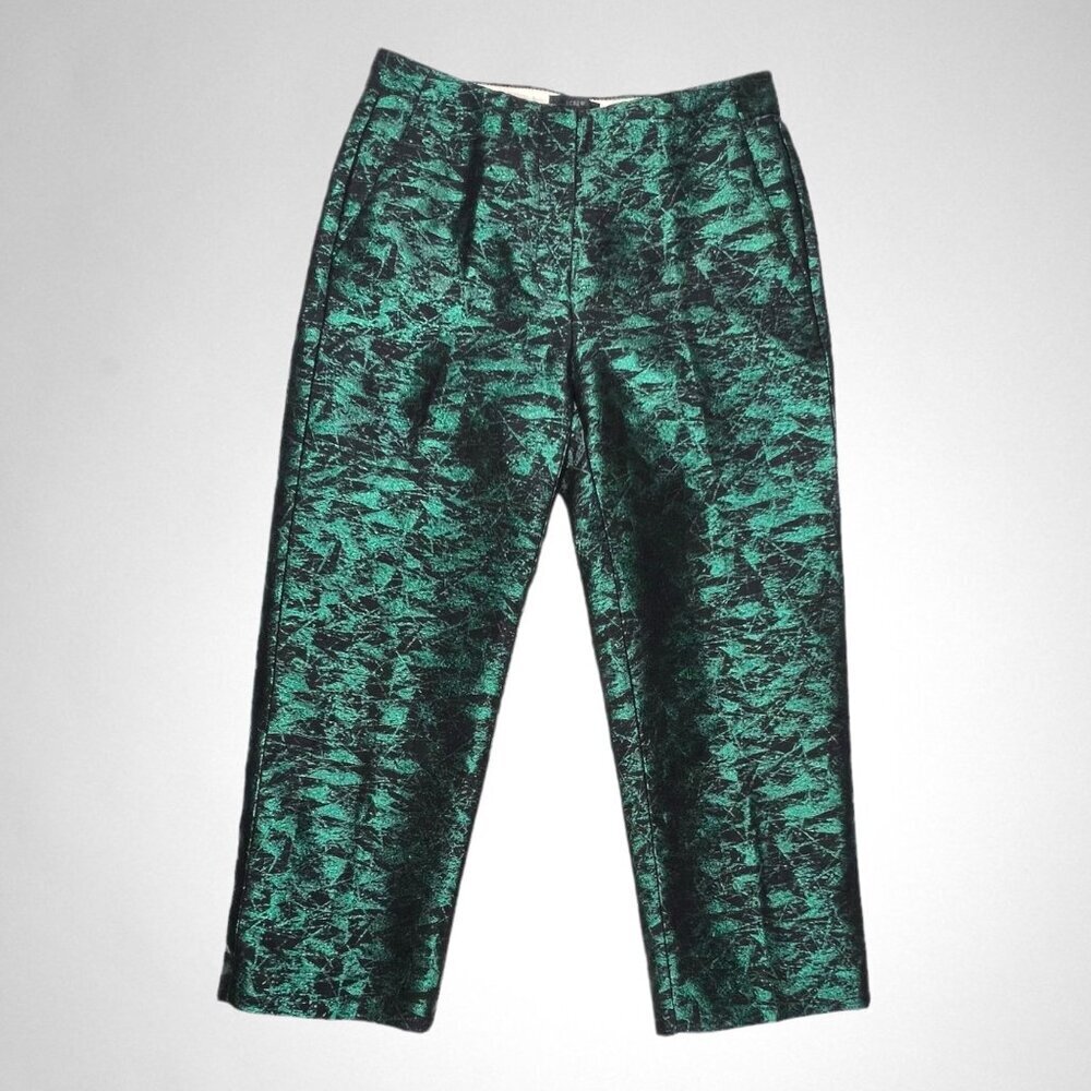 J. CREW 4 Evergreen Jacquard Metallic Cropped Straight Pants Dressy Holidays - Picture 2 of 11